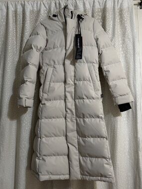 Long Puffer Coat in Light Beige - Women's Hooded Winter Jacket